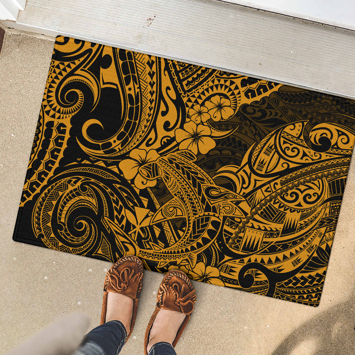 Hawaii Shark Rubber Doormat Polynesian Pattern Gold Version LT01 - Polynesian Pride