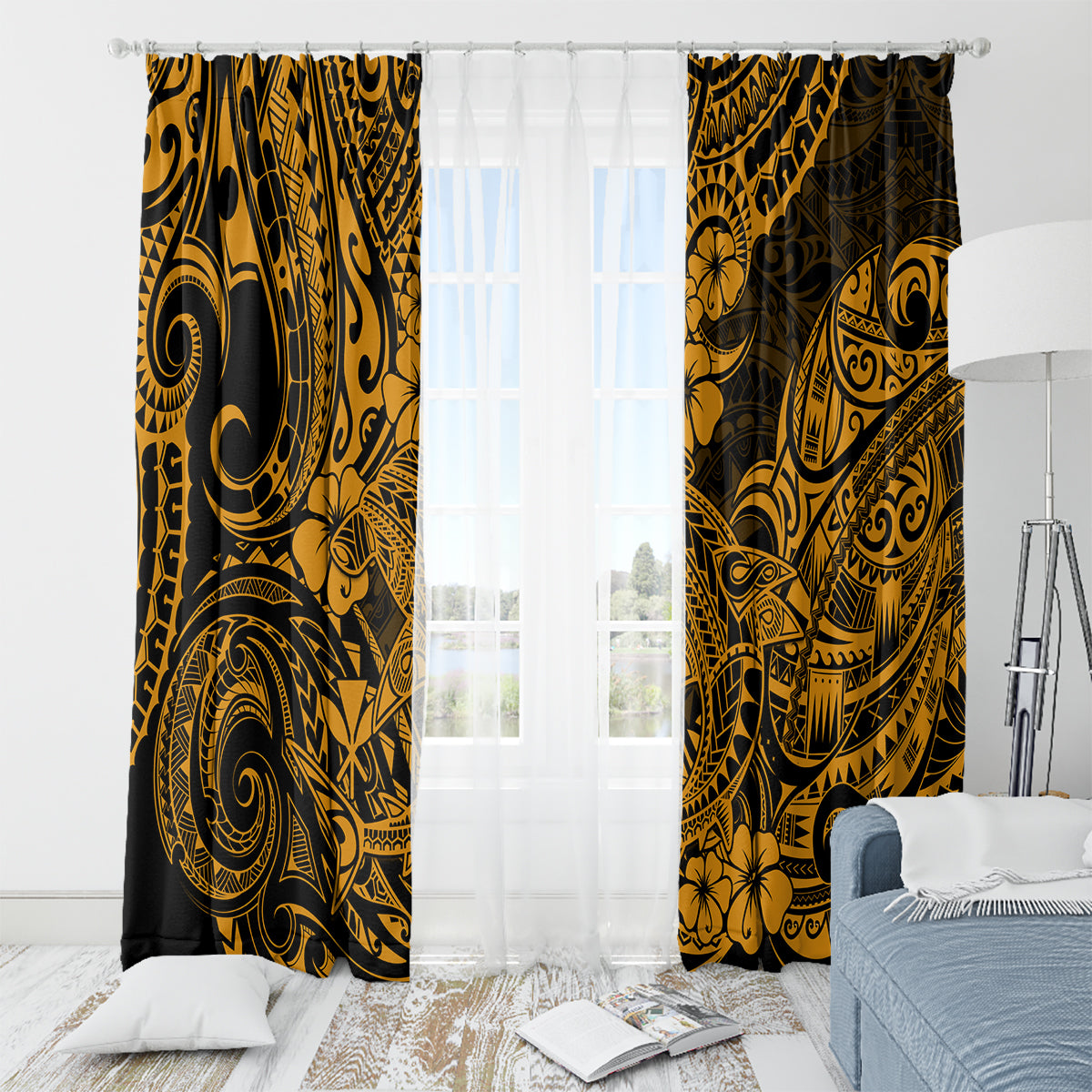Hawaii Shark Window Curtain Polynesian Pattern Gold Version LT01 - Polynesian Pride