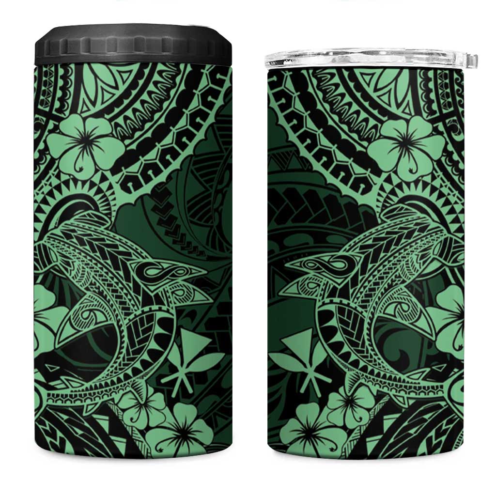 Hawaii Shark 4 in 1 Can Cooler Tumbler Polynesian Pattern Green Version