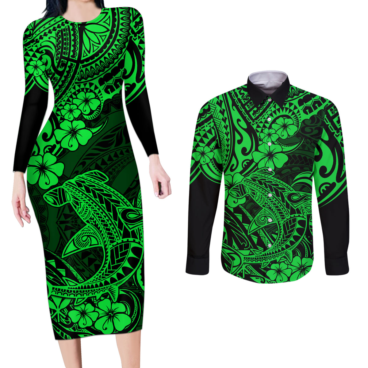 Hawaii Shark Couples Matching Long Sleeve Bodycon Dress and Long Sleeve Button Shirts Polynesian Pattern Green Version LT01 Green - Polynesian Pride
