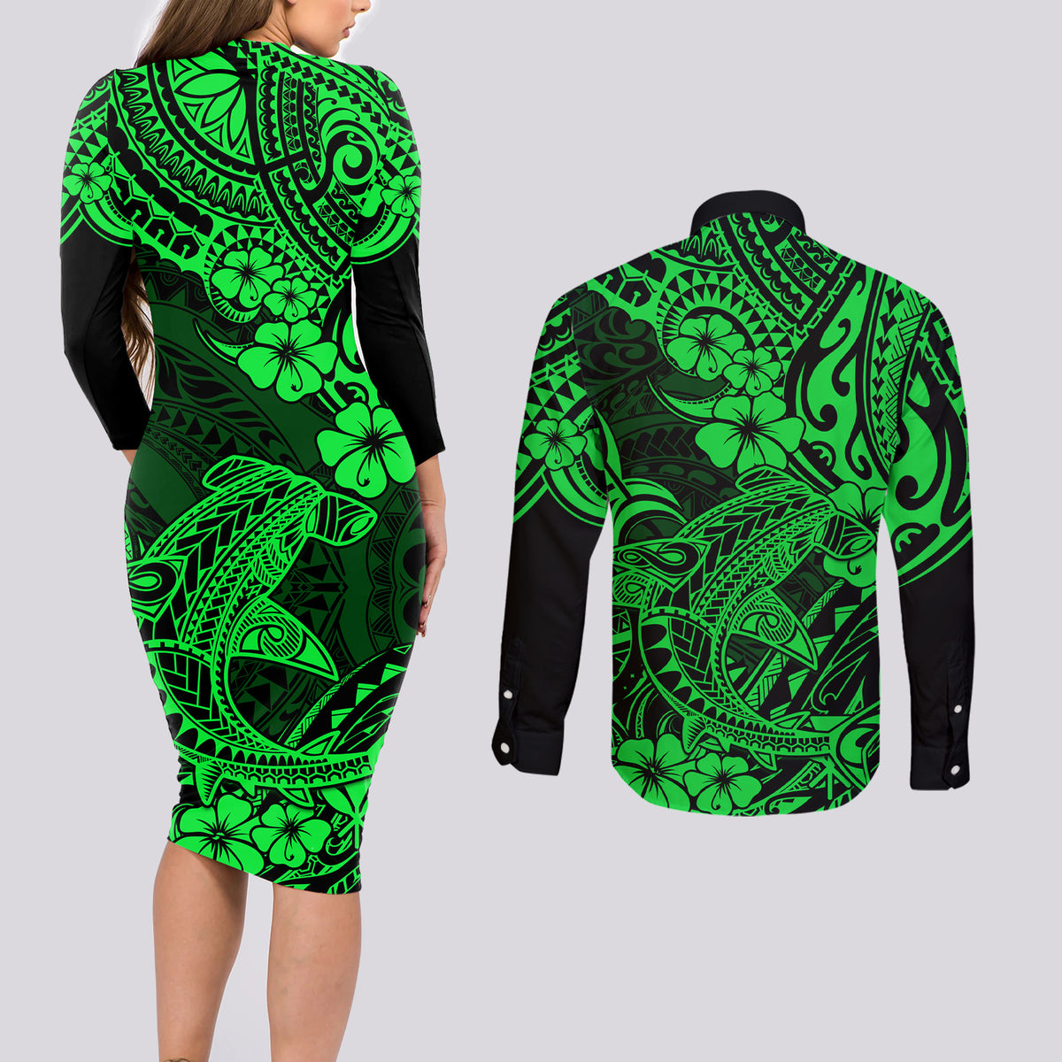 Hawaii Shark Couples Matching Long Sleeve Bodycon Dress and Long Sleeve Button Shirts Polynesian Pattern Green Version LT01 - Polynesian Pride