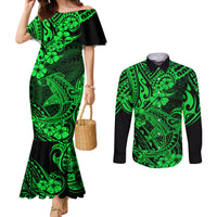 Hawaii Shark Couples Matching Mermaid Dress and Long Sleeve Button Shirts Polynesian Pattern Green Version LT01 Green - Polynesian Pride