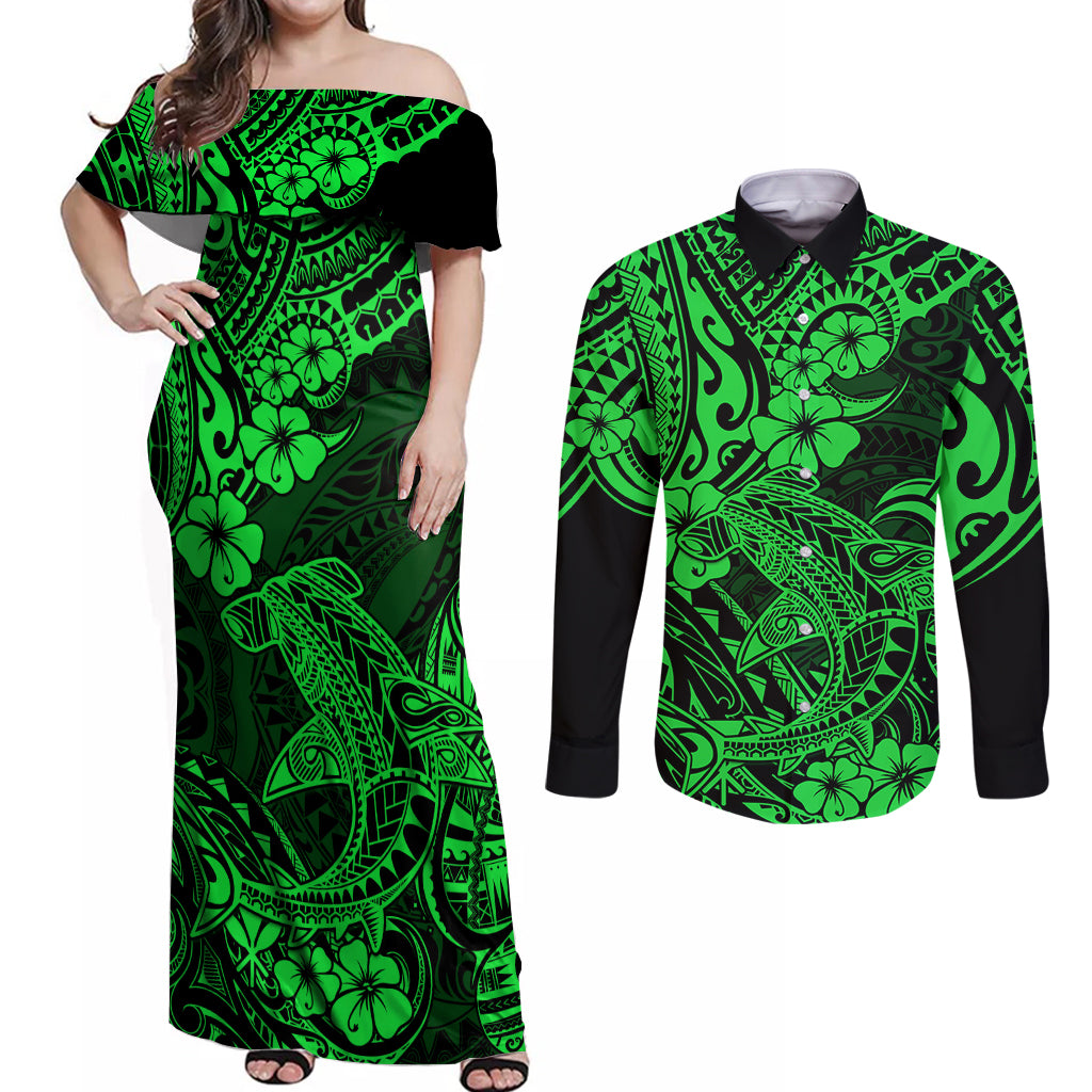 Hawaii Shark Couples Matching Off Shoulder Maxi Dress and Long Sleeve Button Shirts Polynesian Pattern Green Version LT01 Green - Polynesian Pride