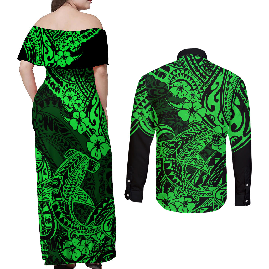 Hawaii Shark Couples Matching Off Shoulder Maxi Dress and Long Sleeve Button Shirts Polynesian Pattern Green Version LT01 - Polynesian Pride