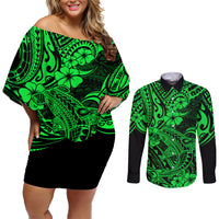 Hawaii Shark Couples Matching Off Shoulder Short Dress and Long Sleeve Button Shirts Polynesian Pattern Green Version LT01 Green - Polynesian Pride