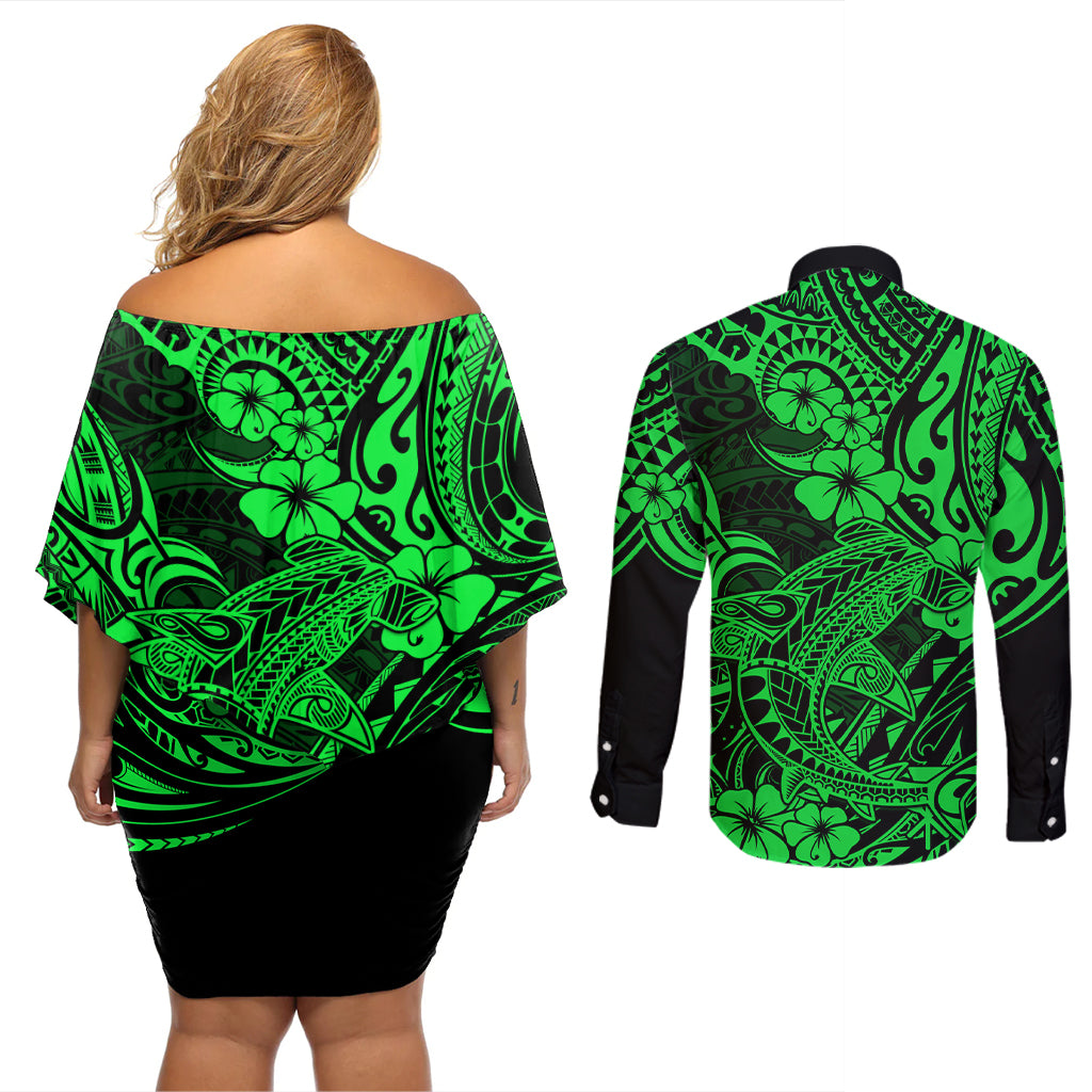 Hawaii Shark Couples Matching Off Shoulder Short Dress and Long Sleeve Button Shirts Polynesian Pattern Green Version LT01 - Polynesian Pride