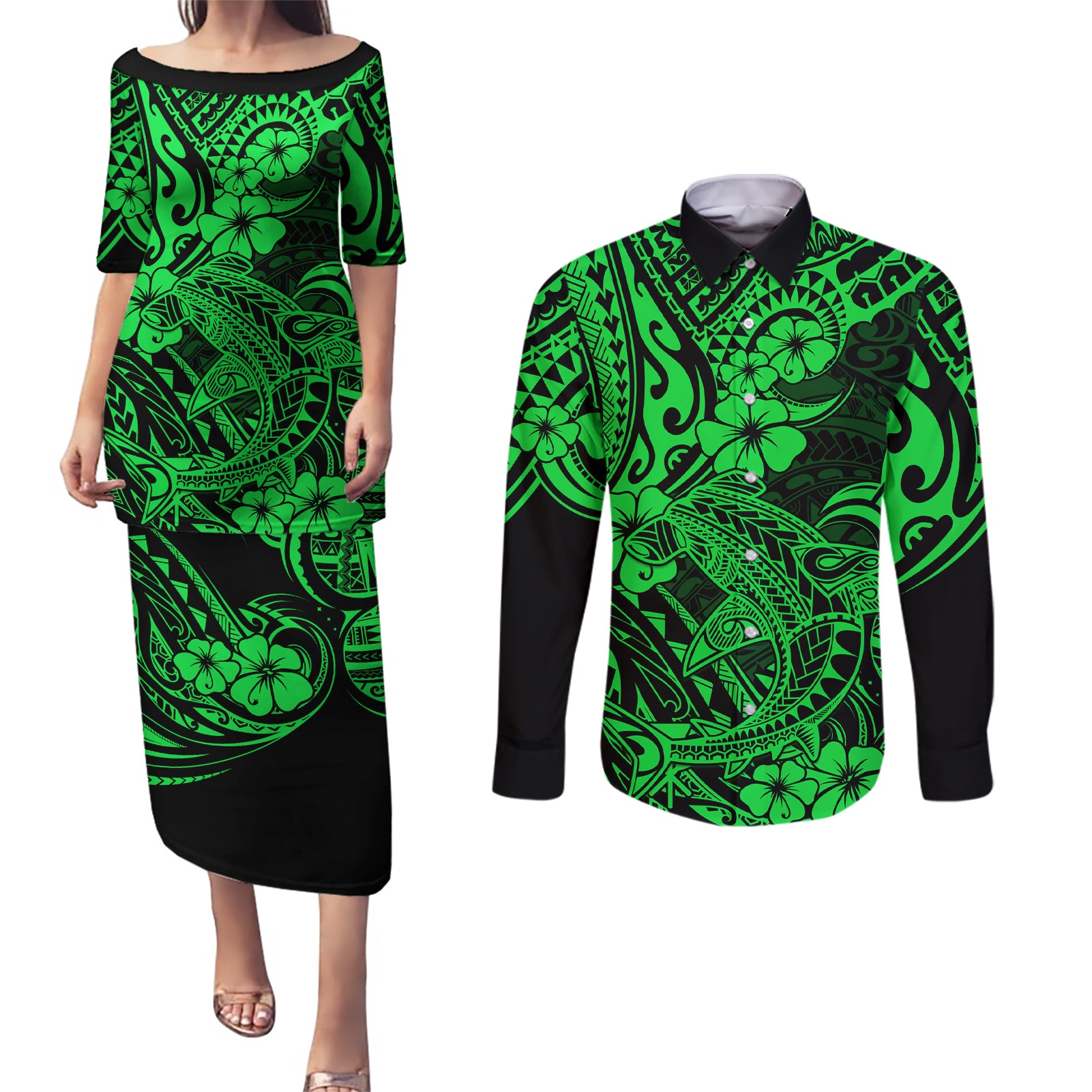 Hawaii Shark Couples Matching Puletasi Dress and Long Sleeve Button Shirts Polynesian Pattern Green Version LT01 Green - Polynesian Pride