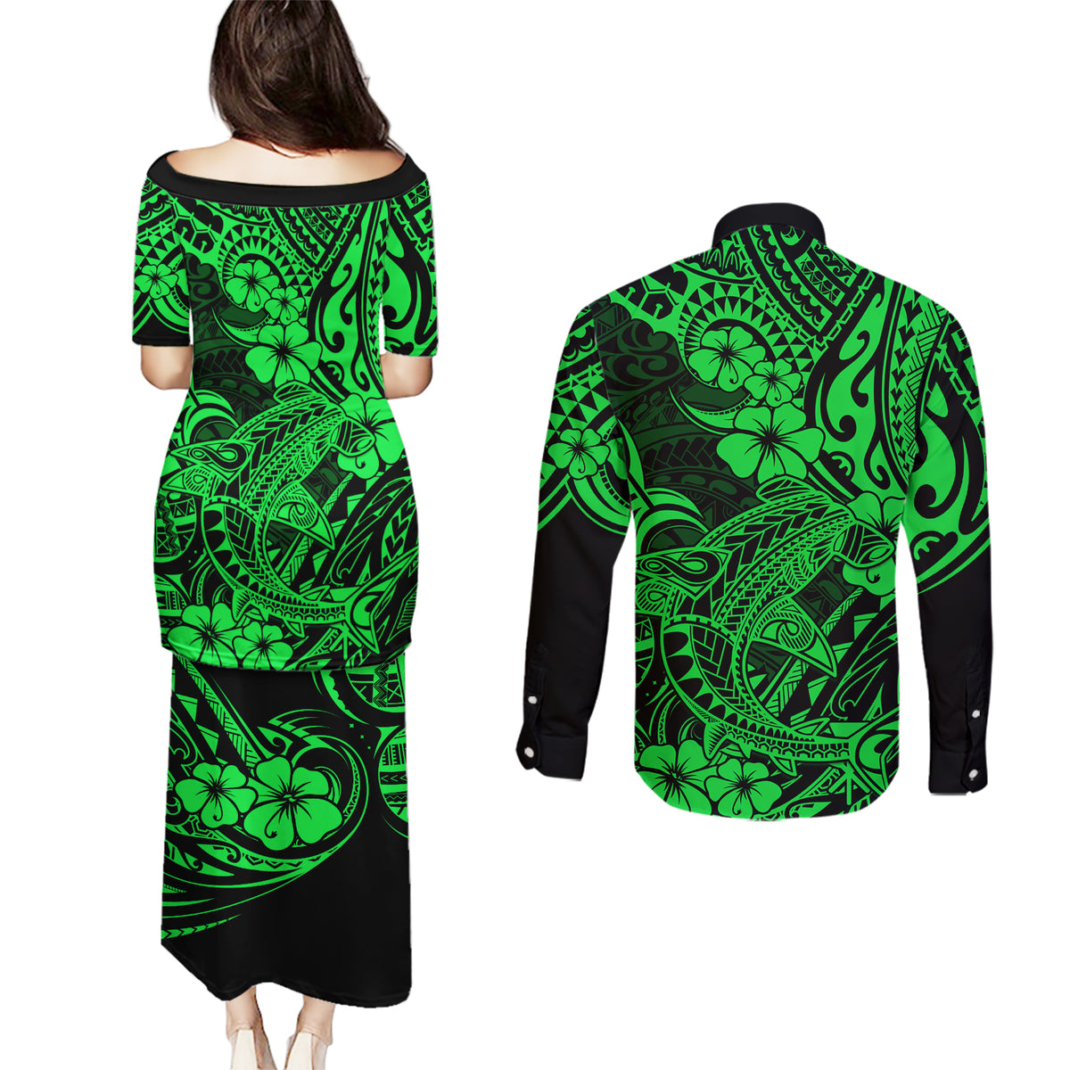 Hawaii Shark Couples Matching Puletasi Dress and Long Sleeve Button Shirts Polynesian Pattern Green Version LT01 - Polynesian Pride