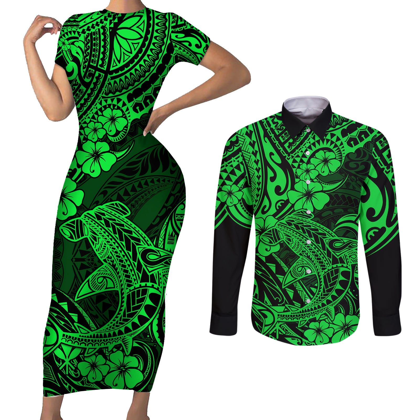 Hawaii Shark Couples Matching Short Sleeve Bodycon Dress and Long Sleeve Button Shirts Polynesian Pattern Green Version LT01 Green - Polynesian Pride