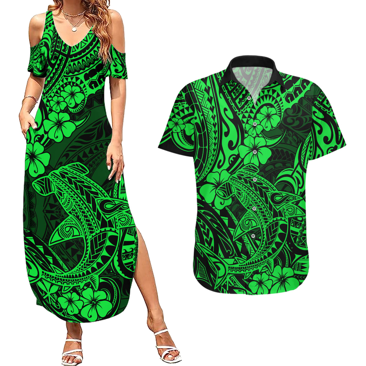 Hawaii Shark Couples Matching Summer Maxi Dress and Hawaiian Shirt Polynesian Pattern Green Version LT01 Green - Polynesian Pride
