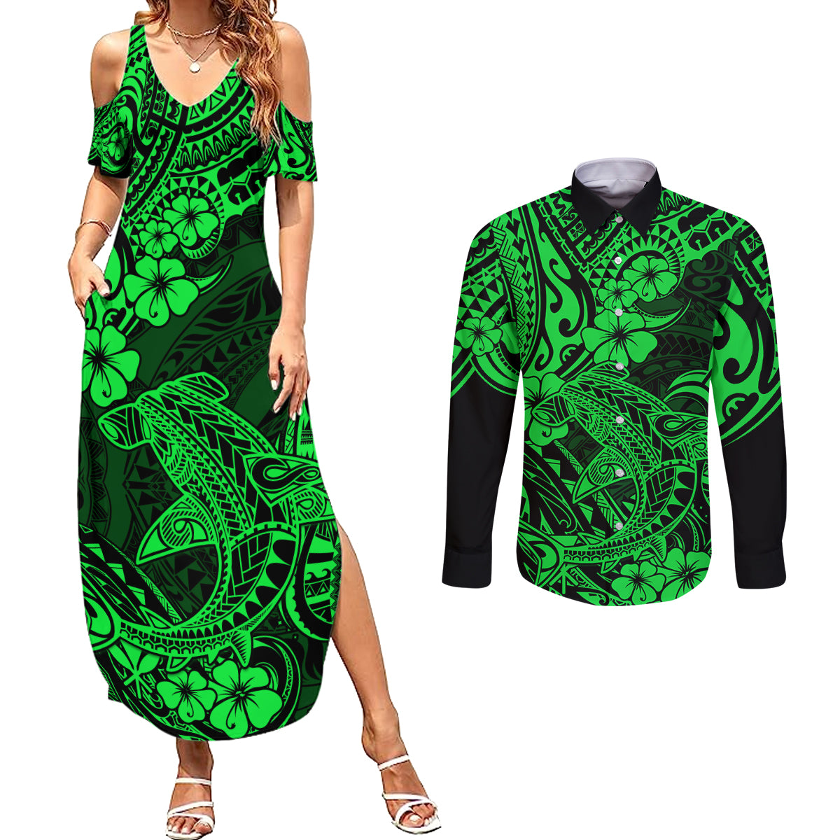 Hawaii Shark Couples Matching Summer Maxi Dress and Long Sleeve Button Shirts Polynesian Pattern Green Version LT01 Green - Polynesian Pride