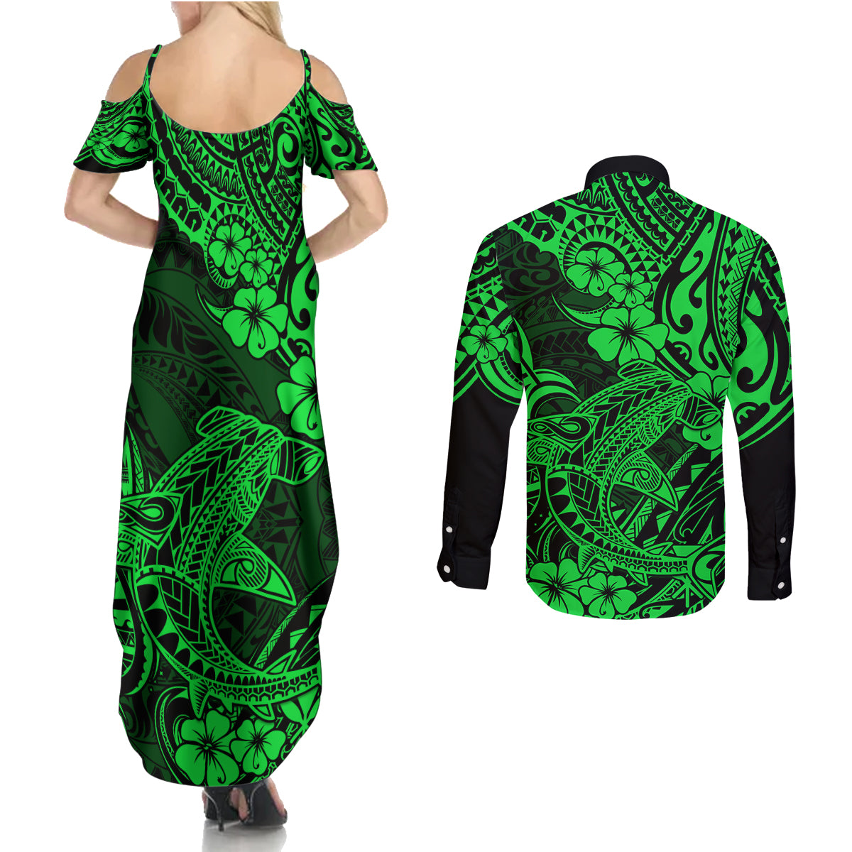 Hawaii Shark Couples Matching Summer Maxi Dress and Long Sleeve Button Shirts Polynesian Pattern Green Version LT01 - Polynesian Pride