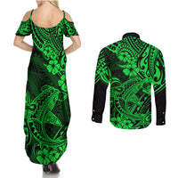 Hawaii Shark Couples Matching Summer Maxi Dress and Long Sleeve Button Shirts Polynesian Pattern Green Version LT01 - Polynesian Pride