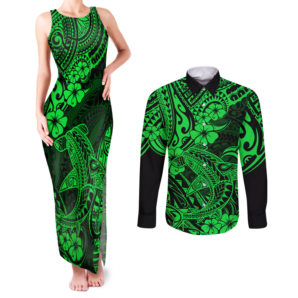 Hawaii Shark Couples Matching Tank Maxi Dress and Long Sleeve Button Shirts Polynesian Pattern Green Version LT01 Green - Polynesian Pride