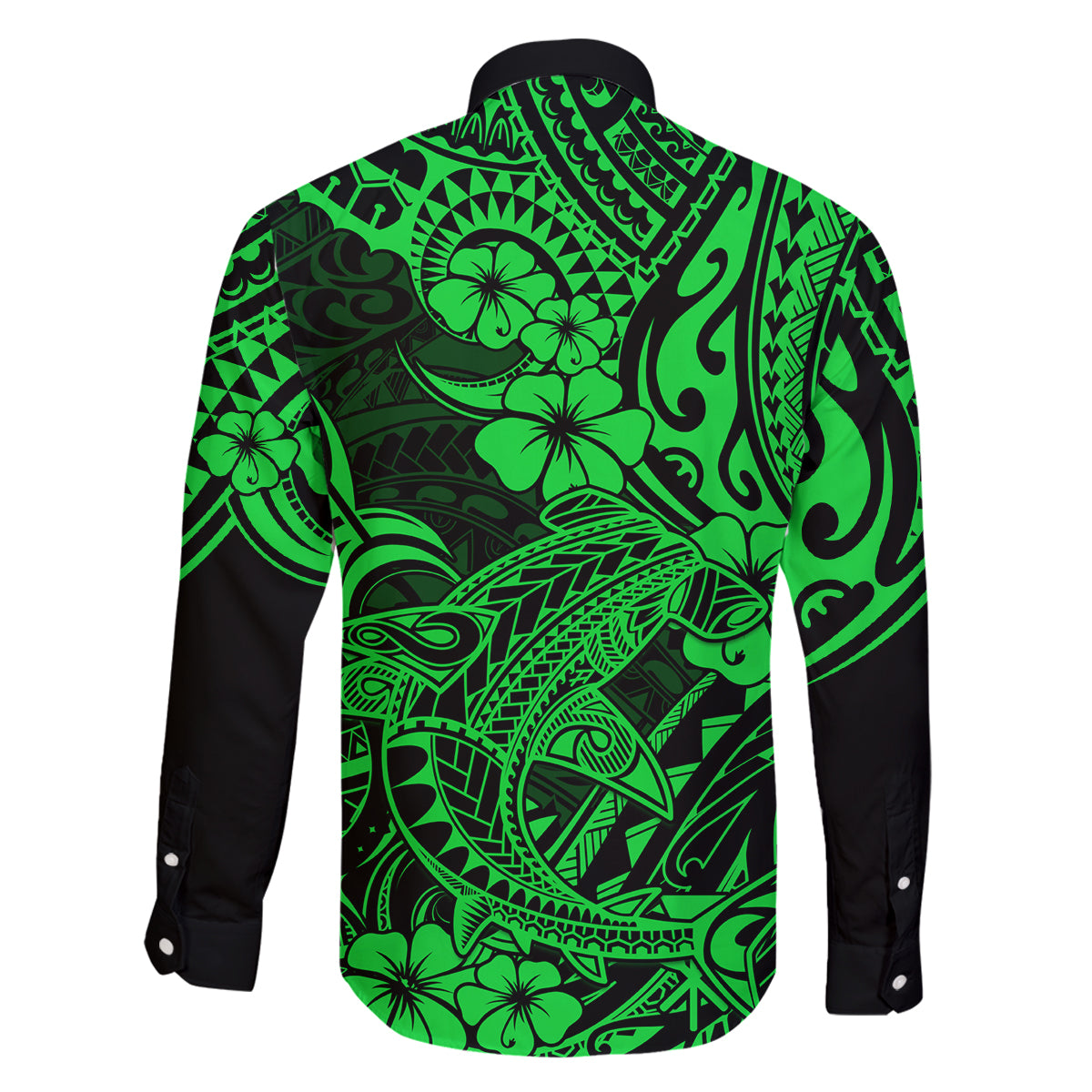 Hawaii Shark Family Matching Off Shoulder Long Sleeve Dress and Hawaiian Shirt Polynesian Pattern Green Version LT01 - Polynesian Pride