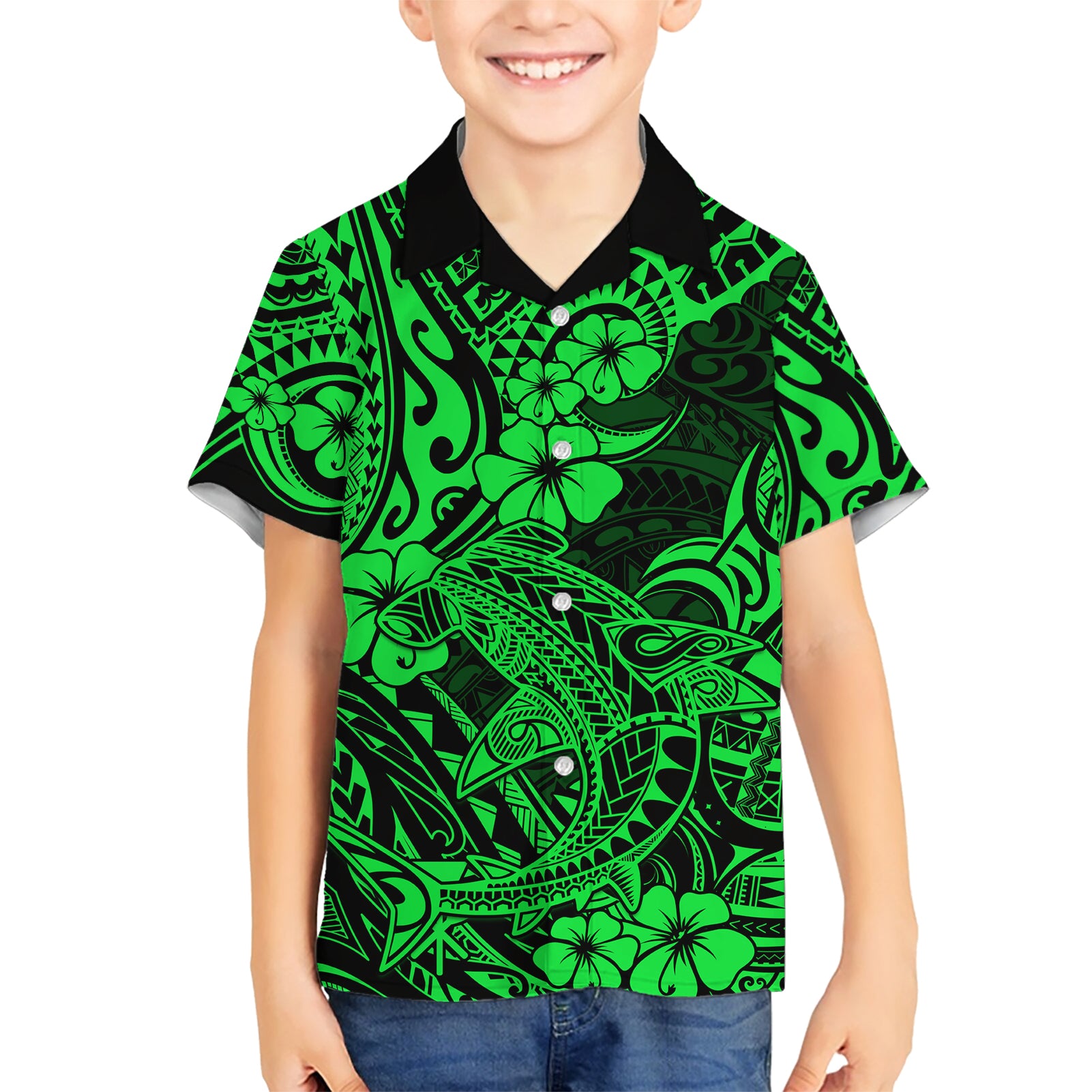 Hawaii Shark Kid Hawaiian Shirt Polynesian Pattern Green Version LT01 Kid Green - Polynesian Pride