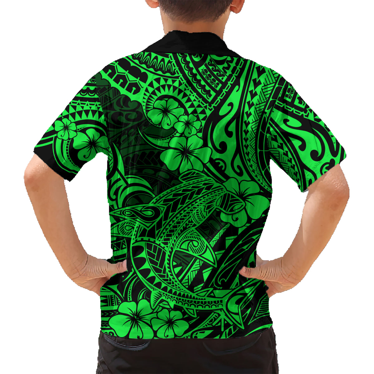 Hawaii Shark Kid Hawaiian Shirt Polynesian Pattern Green Version LT01 - Polynesian Pride
