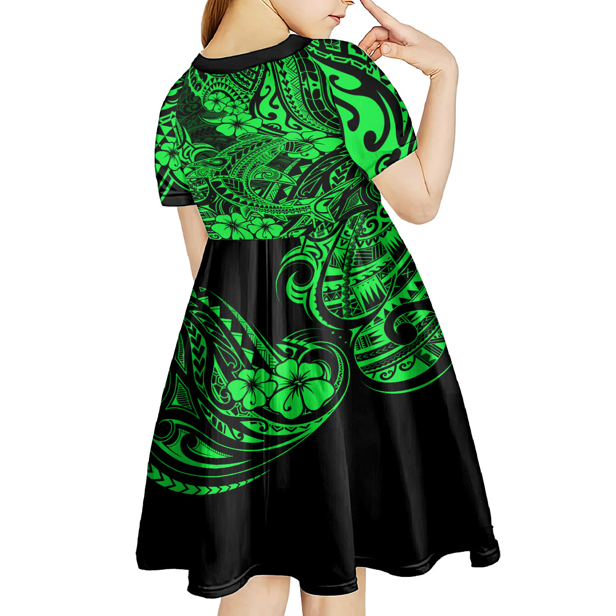 Hawaii Shark Kid Short Sleeve Dress Polynesian Pattern Green Version LT01 - Polynesian Pride