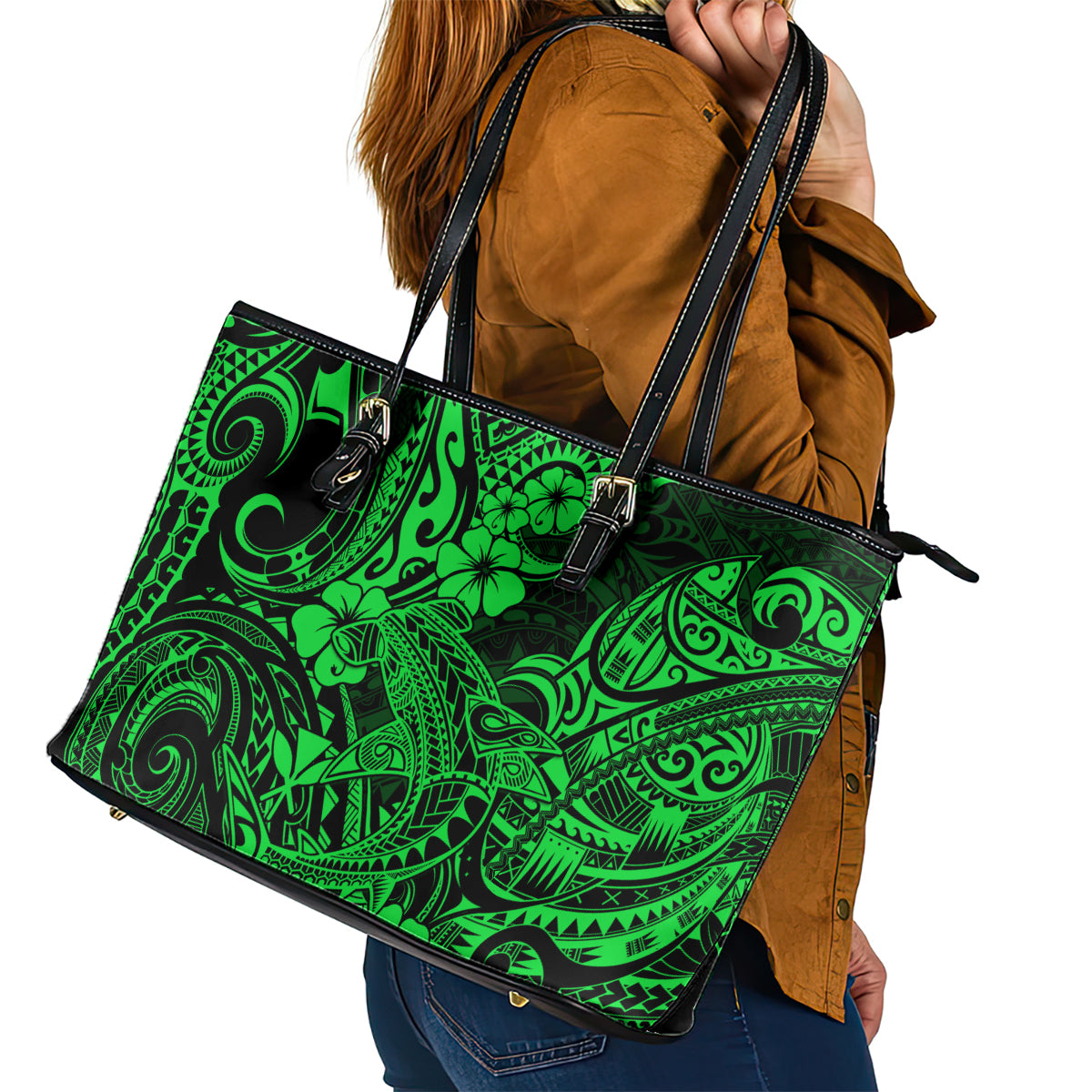 Hawaii Shark Leather Tote Bag Polynesian Pattern Green Version LT01 - Polynesian Pride