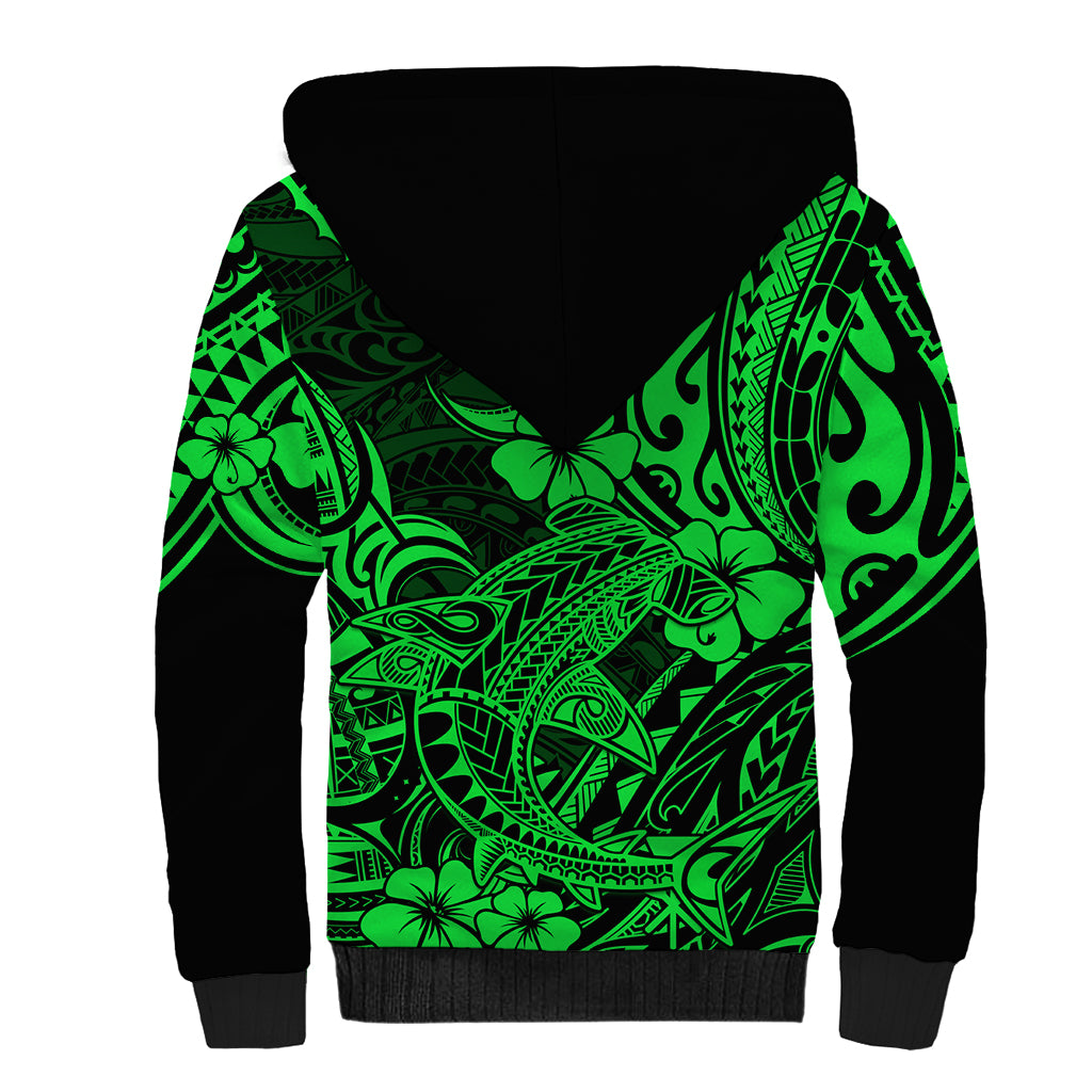 Hawaii Shark Sherpa Hoodie Polynesian Pattern Green Version LT01 - Polynesian Pride