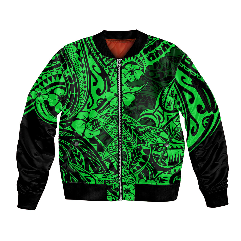 Hawaii Shark Sleeve Zip Bomber Jacket Polynesian Pattern Green Version LT01 Unisex Green - Polynesian Pride
