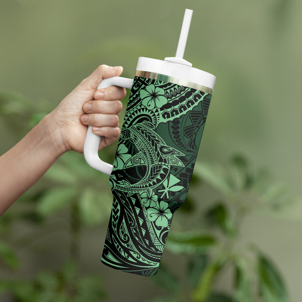 Hawaii Shark Tumbler With Handle Polynesian Pattern Green Version