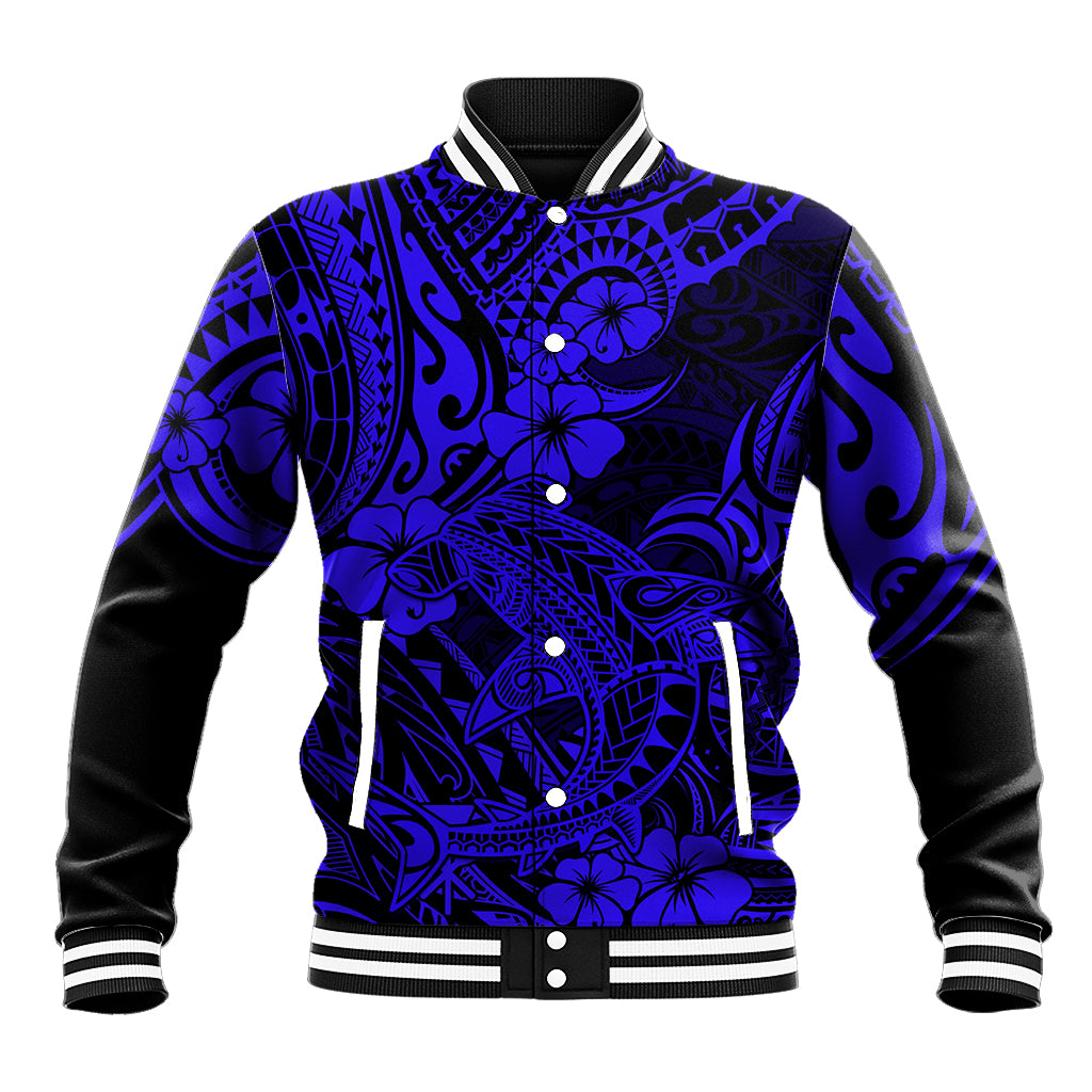 Hawaii Shark Baseball Jacket Polynesian Pattern Navy Blue Version LT01 Unisex Blue - Polynesian Pride