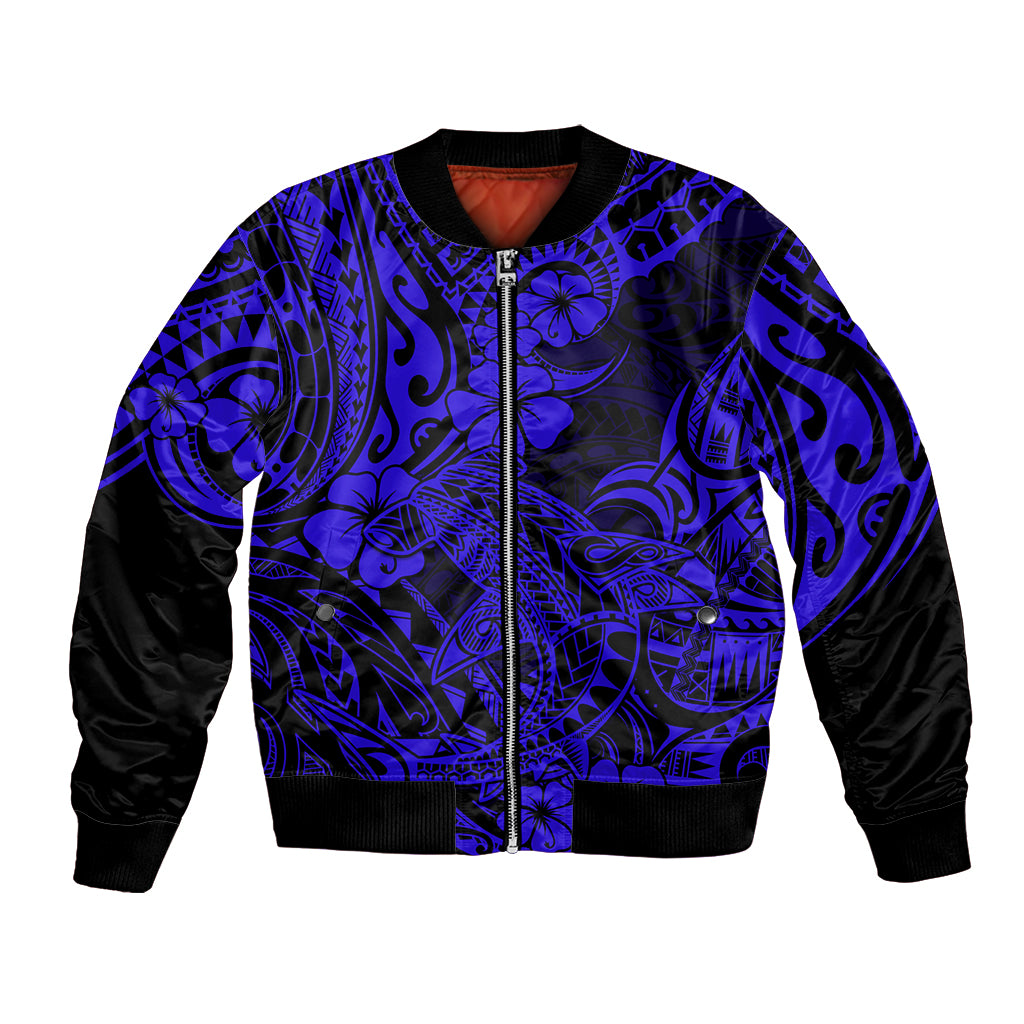 Hawaii Shark Bomber Jacket Polynesian Pattern Navy Blue Version LT01 Unisex Blue - Polynesian Pride