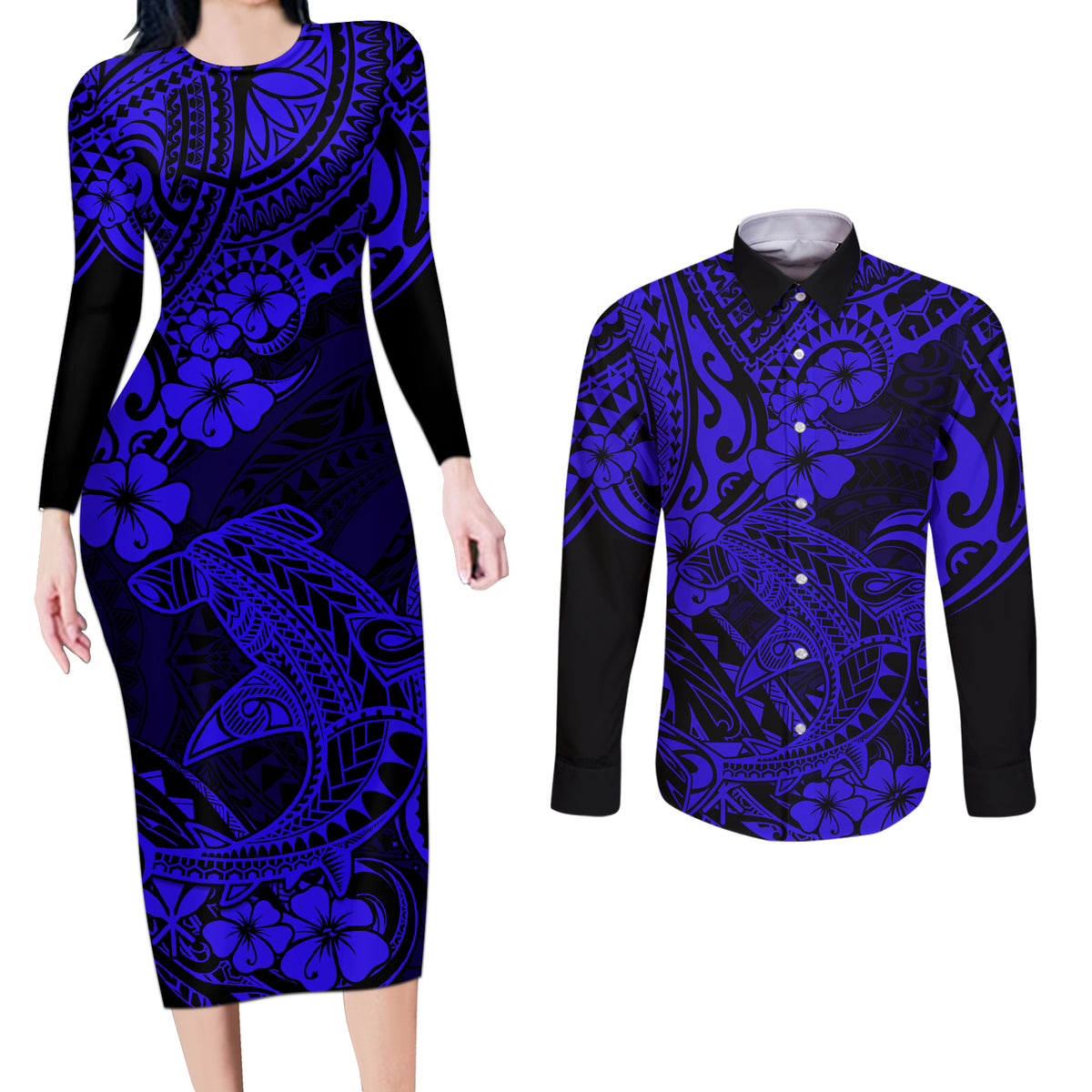 Hawaii Shark Couples Matching Long Sleeve Bodycon Dress and Long Sleeve Button Shirts Polynesian Pattern Navy Blue Version LT01 Blue - Polynesian Pride