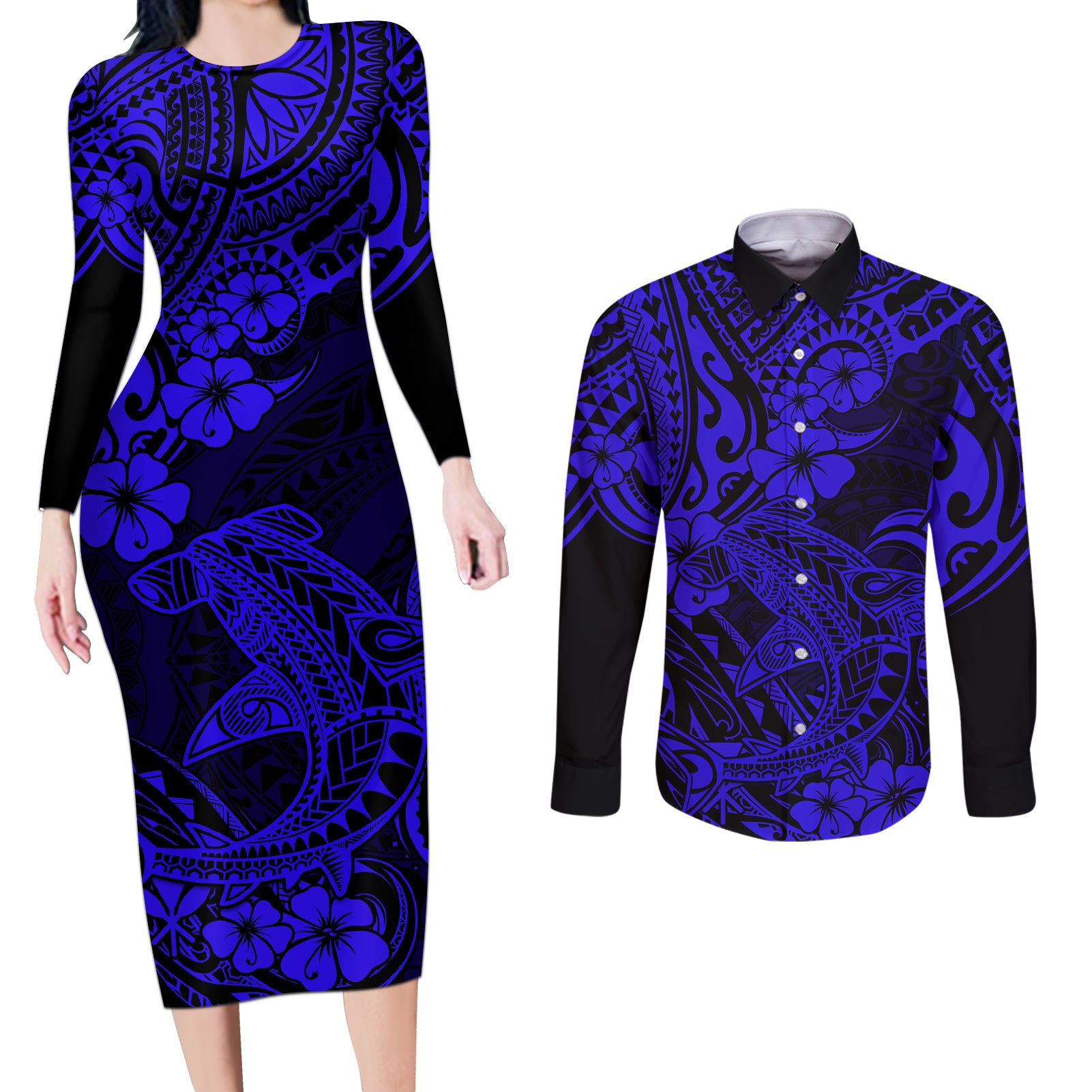 Hawaii Shark Couples Matching Long Sleeve Bodycon Dress and Long Sleeve Button Shirts Polynesian Pattern Navy Blue Version LT01 Blue - Polynesian Pride
