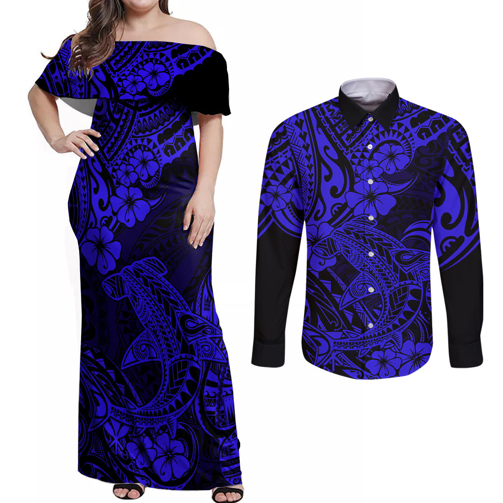 Hawaii Shark Couples Matching Off Shoulder Maxi Dress and Long Sleeve Button Shirts Polynesian Pattern Navy Blue Version LT01 Blue - Polynesian Pride