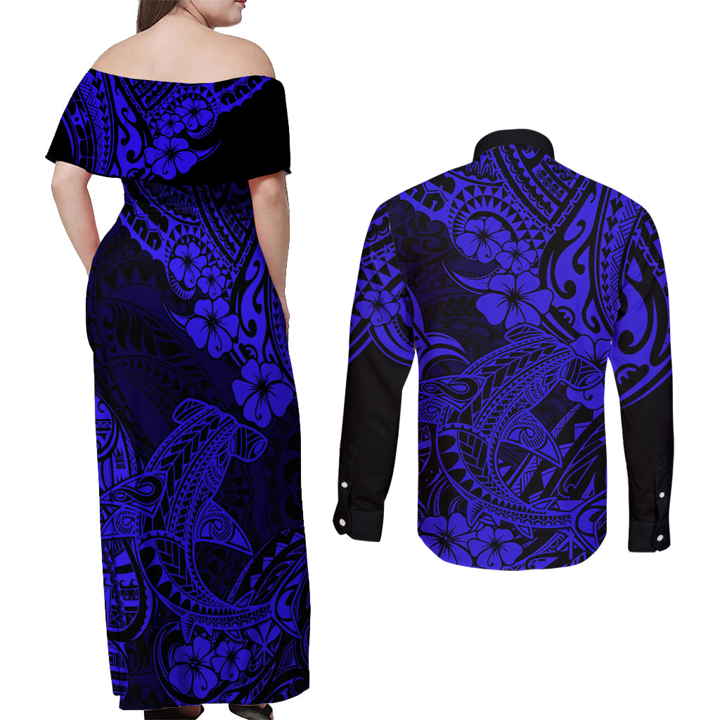 Hawaii Shark Couples Matching Off Shoulder Maxi Dress and Long Sleeve Button Shirts Polynesian Pattern Navy Blue Version LT01 - Polynesian Pride