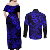 Hawaii Shark Couples Matching Off Shoulder Maxi Dress and Long Sleeve Button Shirts Polynesian Pattern Navy Blue Version LT01 - Polynesian Pride