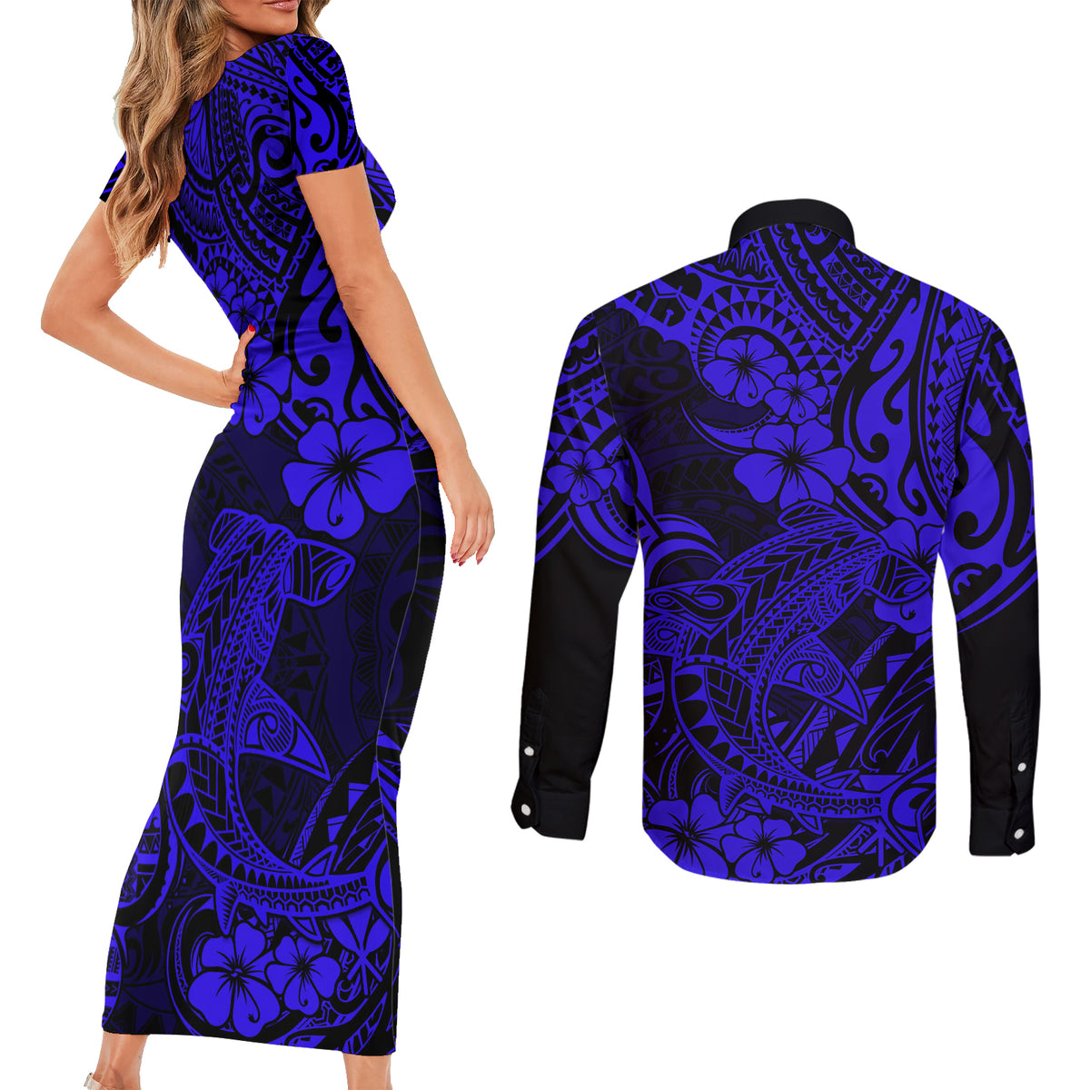 Hawaii Shark Couples Matching Short Sleeve Bodycon Dress and Long Sleeve Button Shirts Polynesian Pattern Navy Blue Version LT01 - Polynesian Pride