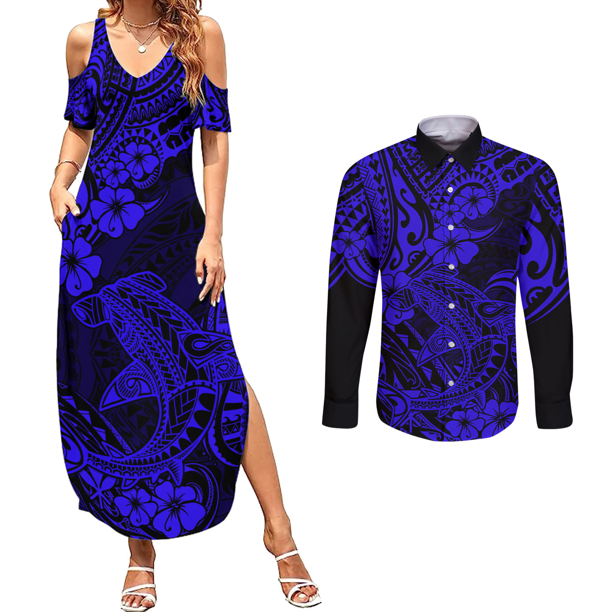 Hawaii Shark Couples Matching Summer Maxi Dress and Long Sleeve Button Shirts Polynesian Pattern Navy Blue Version LT01 Blue - Polynesian Pride