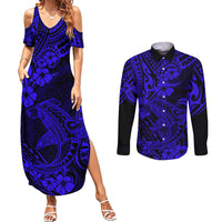 Hawaii Shark Couples Matching Summer Maxi Dress and Long Sleeve Button Shirts Polynesian Pattern Navy Blue Version LT01 Blue - Polynesian Pride