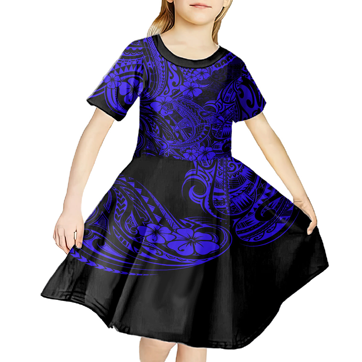 Hawaii Shark Kid Short Sleeve Dress Polynesian Pattern Navy Blue Version LT01 - Polynesian Pride
