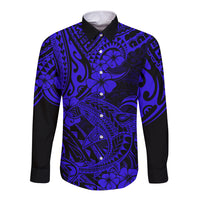 Hawaii Shark Long Sleeve Button Shirt Polynesian Pattern Navy Blue Version LT01 Unisex Blue - Polynesian Pride