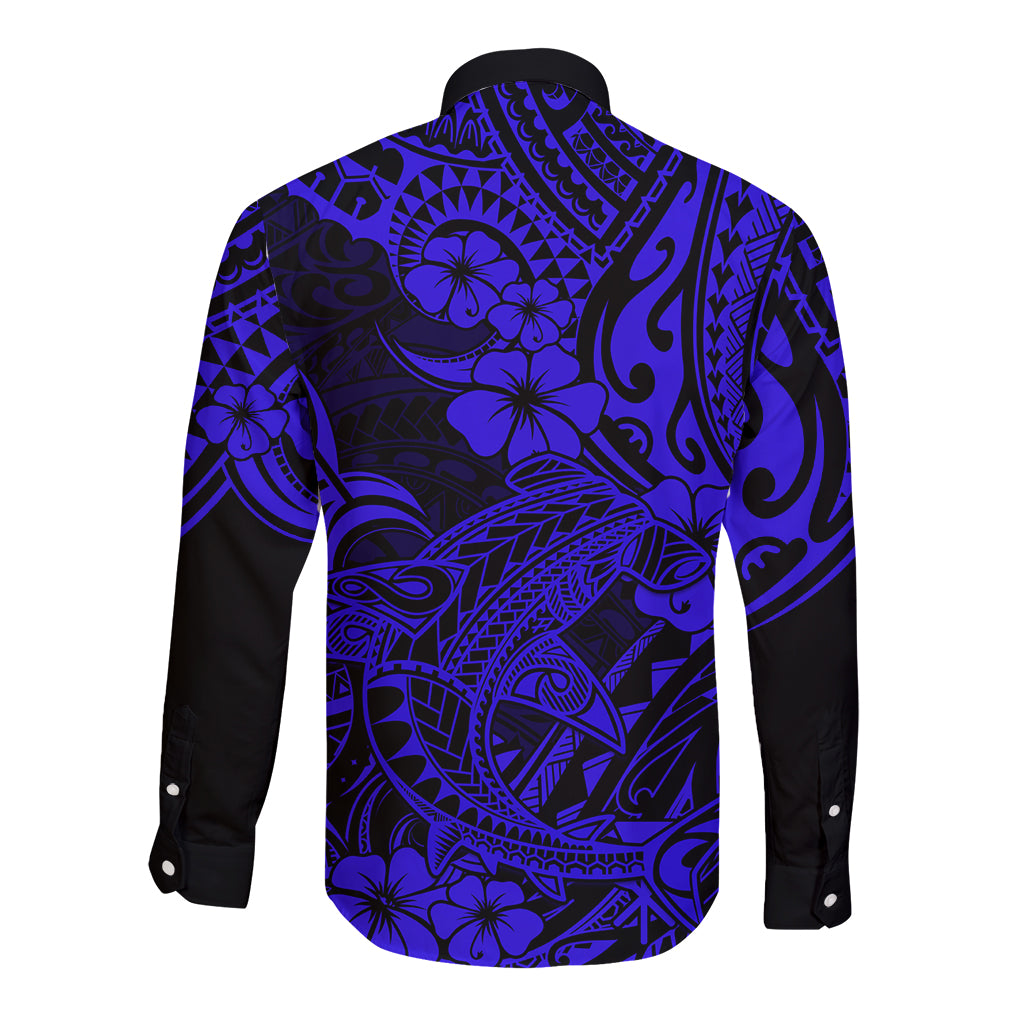 Hawaii Shark Long Sleeve Button Shirt Polynesian Pattern Navy Blue Version LT01 - Polynesian Pride