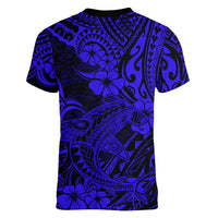 Hawaii Shark Women V Neck T Shirt Polynesian Pattern Navy Blue Version LT01 - Polynesian Pride