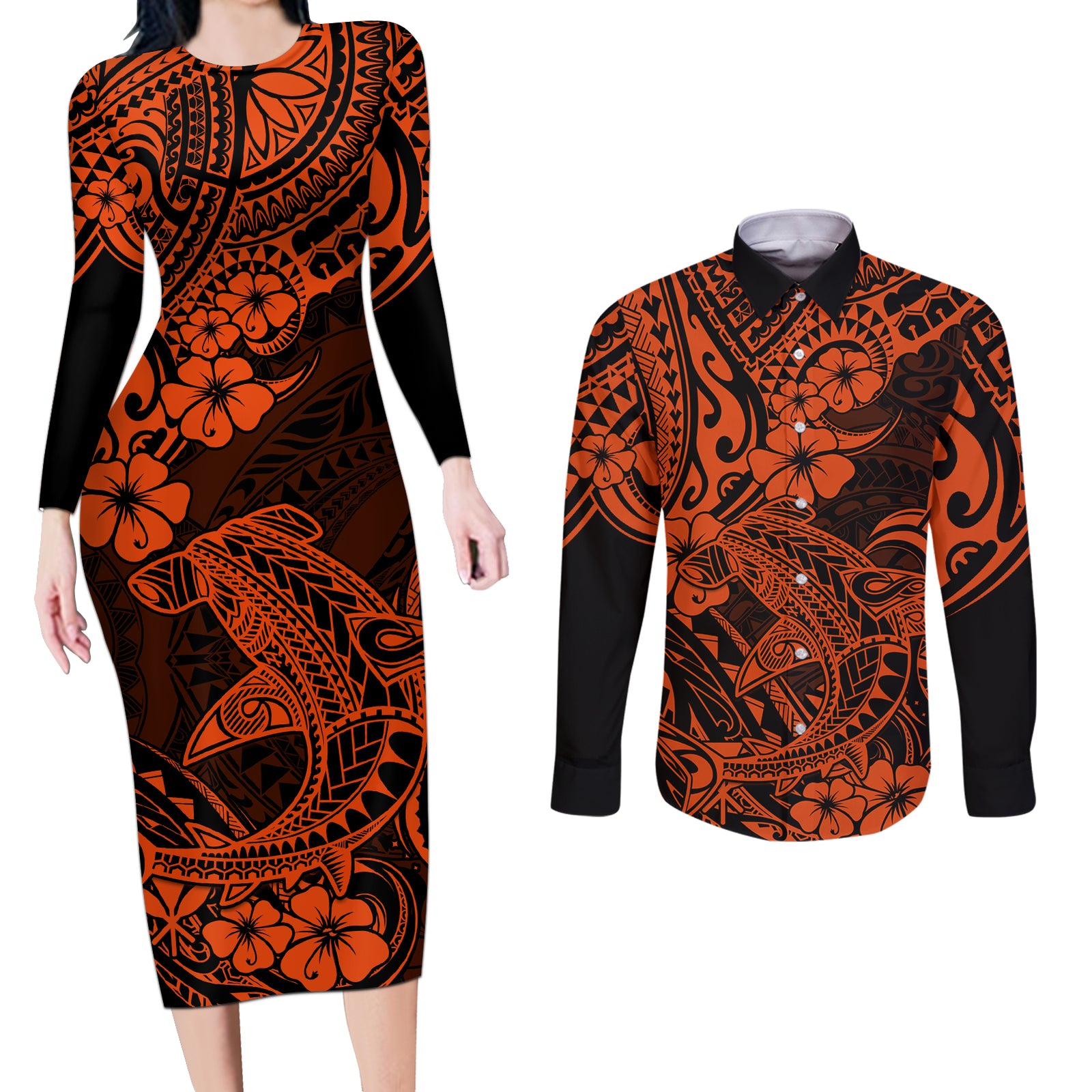 Hawaii Shark Couples Matching Long Sleeve Bodycon Dress and Long Sleeve Button Shirts Polynesian Pattern Orange Version LT01 Orange - Polynesian Pride