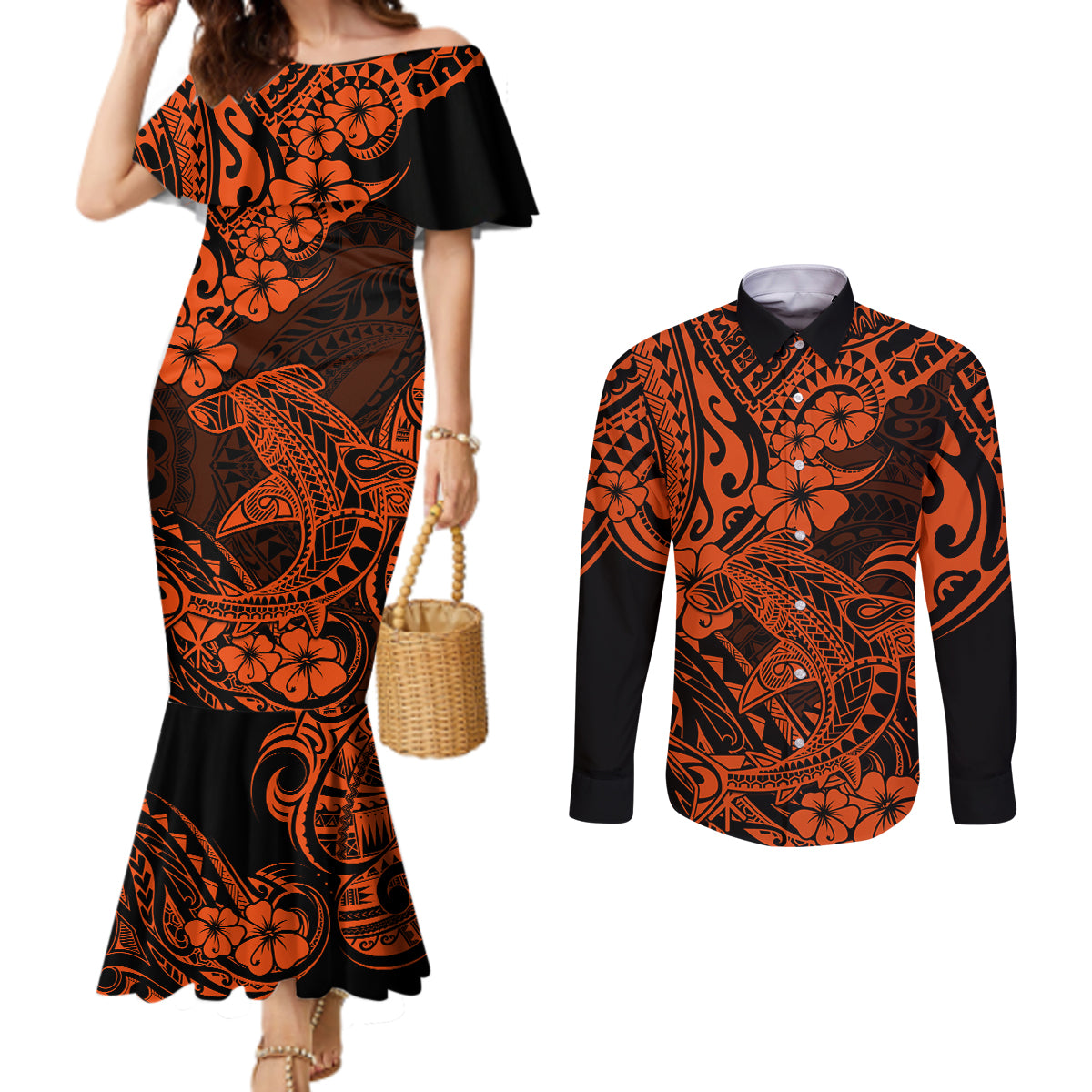 Hawaii Shark Couples Matching Mermaid Dress and Long Sleeve Button Shirts Polynesian Pattern Orange Version LT01 Orange - Polynesian Pride
