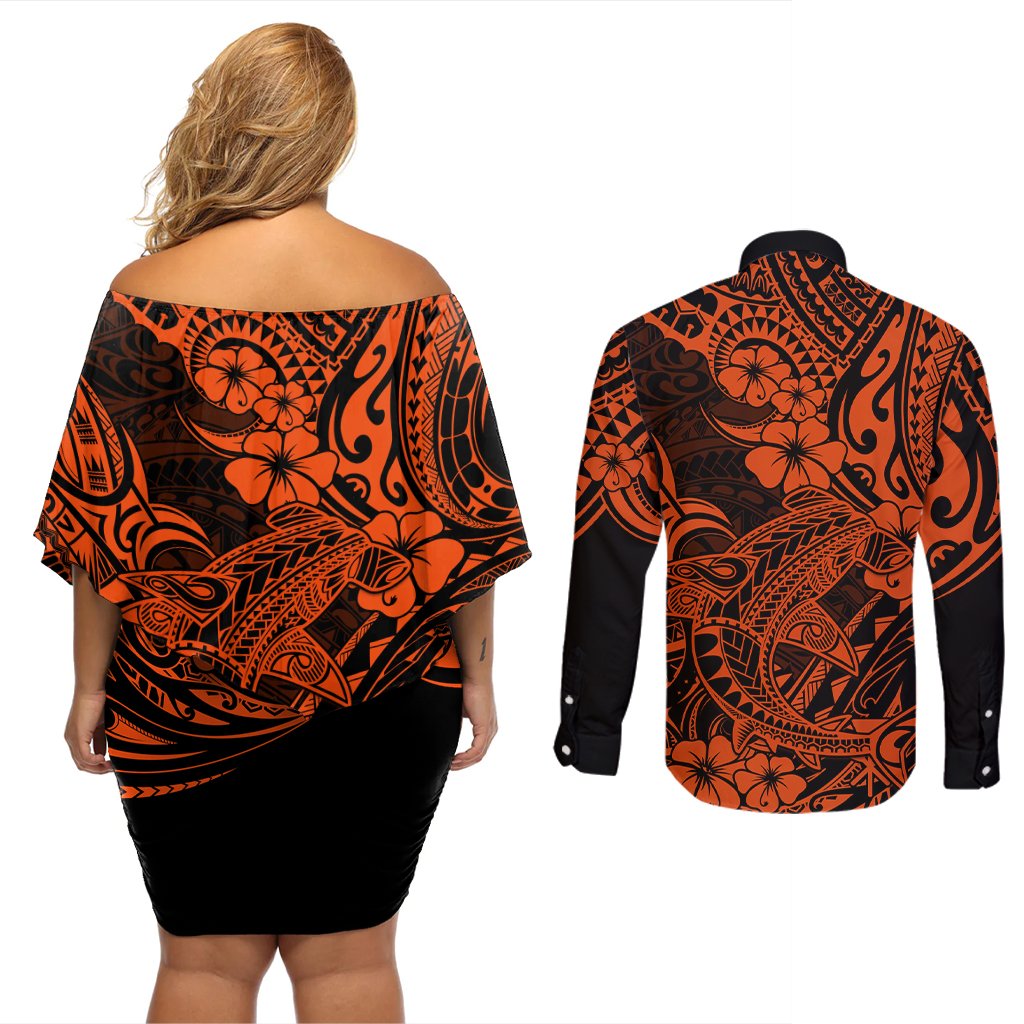 Hawaii Shark Couples Matching Off Shoulder Short Dress and Long Sleeve Button Shirts Polynesian Pattern Orange Version LT01 - Polynesian Pride