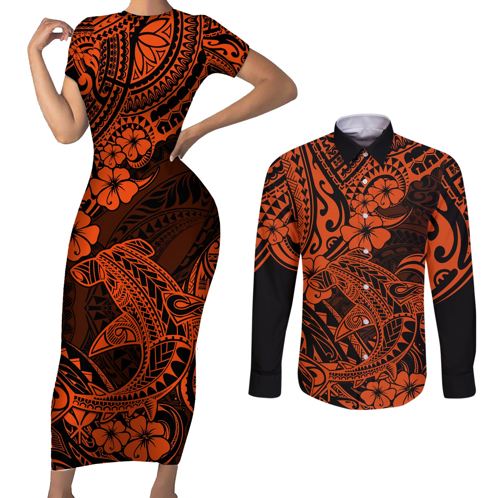 Hawaii Shark Couples Matching Short Sleeve Bodycon Dress and Long Sleeve Button Shirts Polynesian Pattern Orange Version LT01 Orange - Polynesian Pride