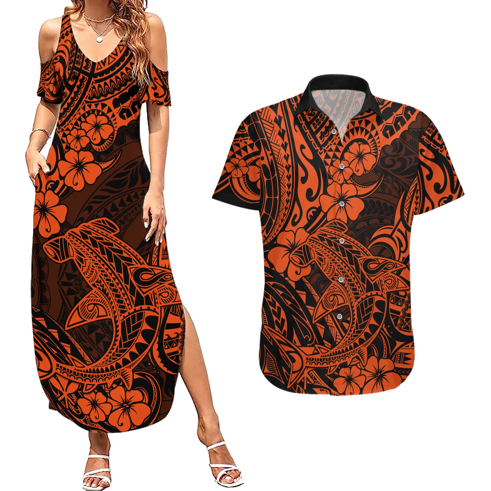 Hawaii Shark Couples Matching Summer Maxi Dress and Hawaiian Shirt Polynesian Pattern Orange Version LT01 Orange - Polynesian Pride