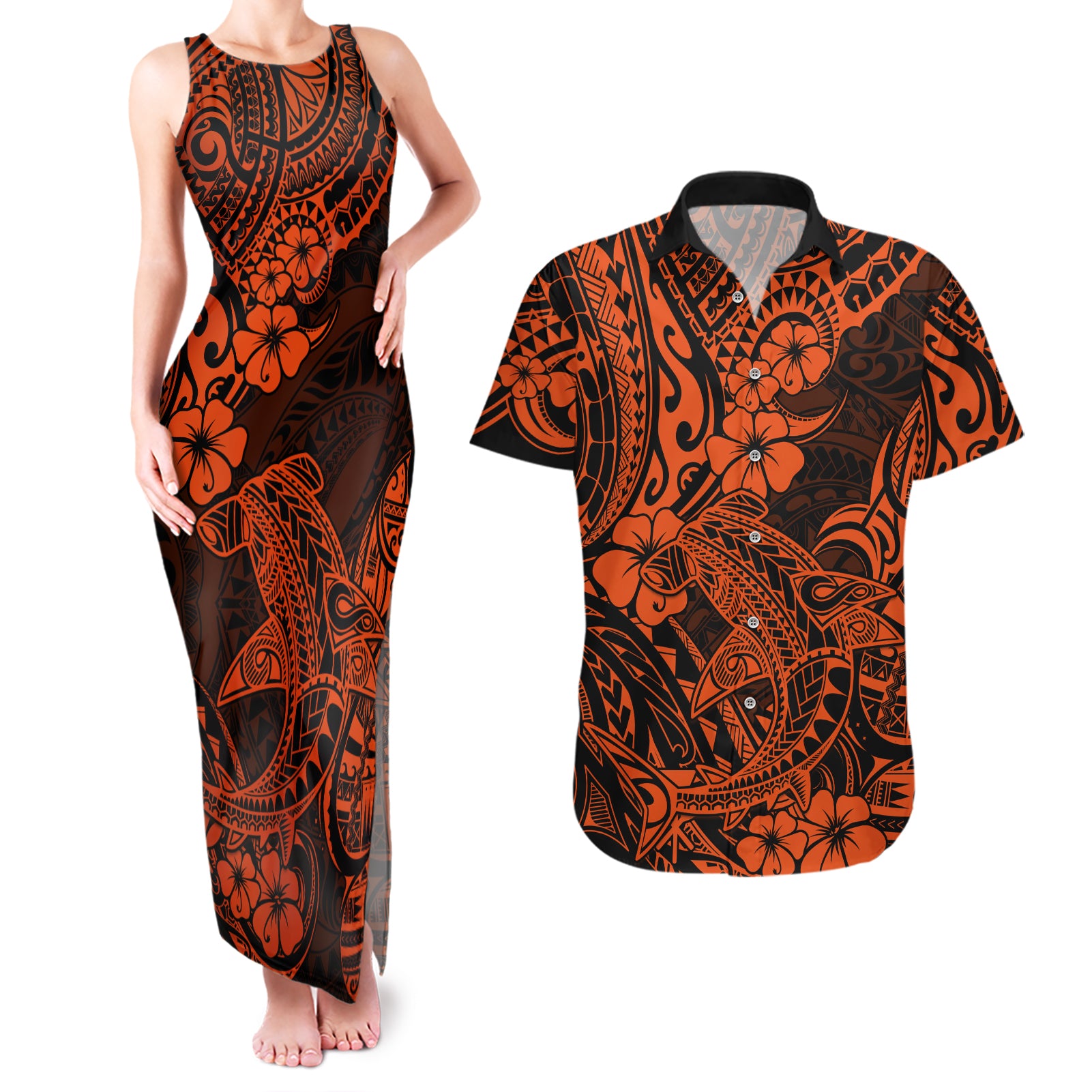 Hawaii Shark Couples Matching Tank Maxi Dress and Hawaiian Shirt Polynesian Pattern Orange Version LT01 Orange - Polynesian Pride