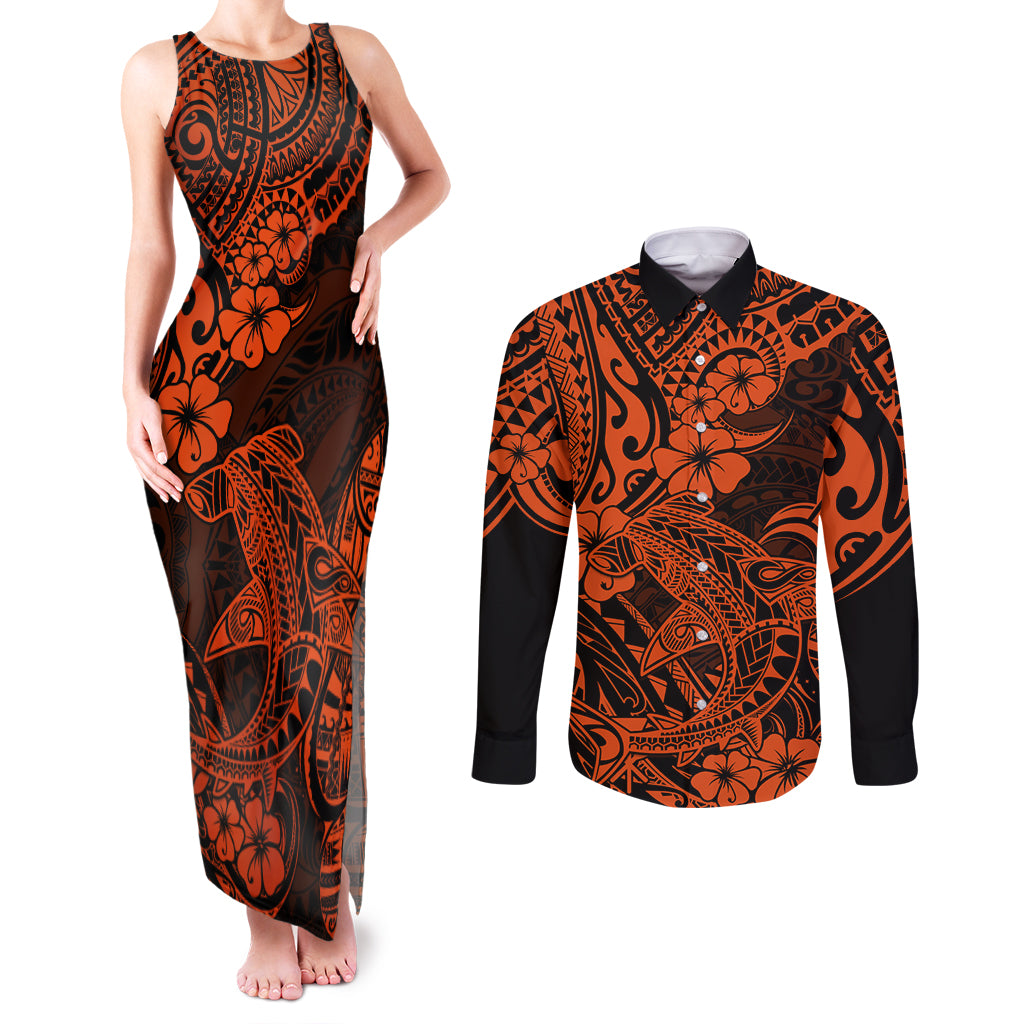 Hawaii Shark Couples Matching Tank Maxi Dress and Long Sleeve Button Shirts Polynesian Pattern Orange Version LT01 Orange - Polynesian Pride