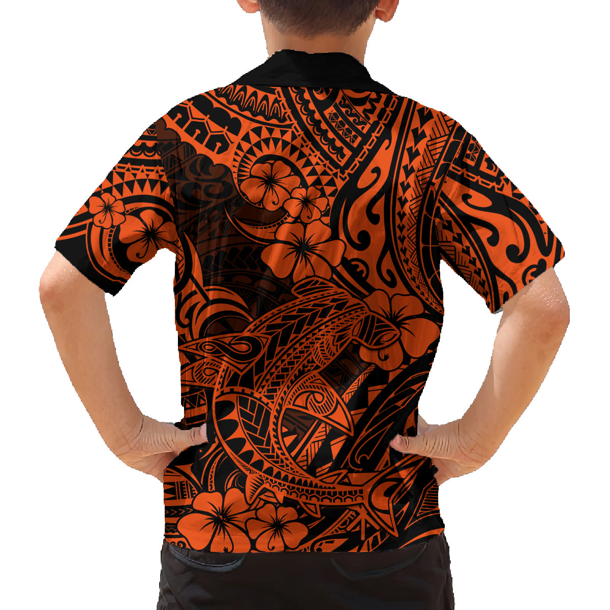 Hawaii Shark Family Matching Long Sleeve Bodycon Dress and Hawaiian Shirt Polynesian Pattern Orange Version LT01 - Polynesian Pride