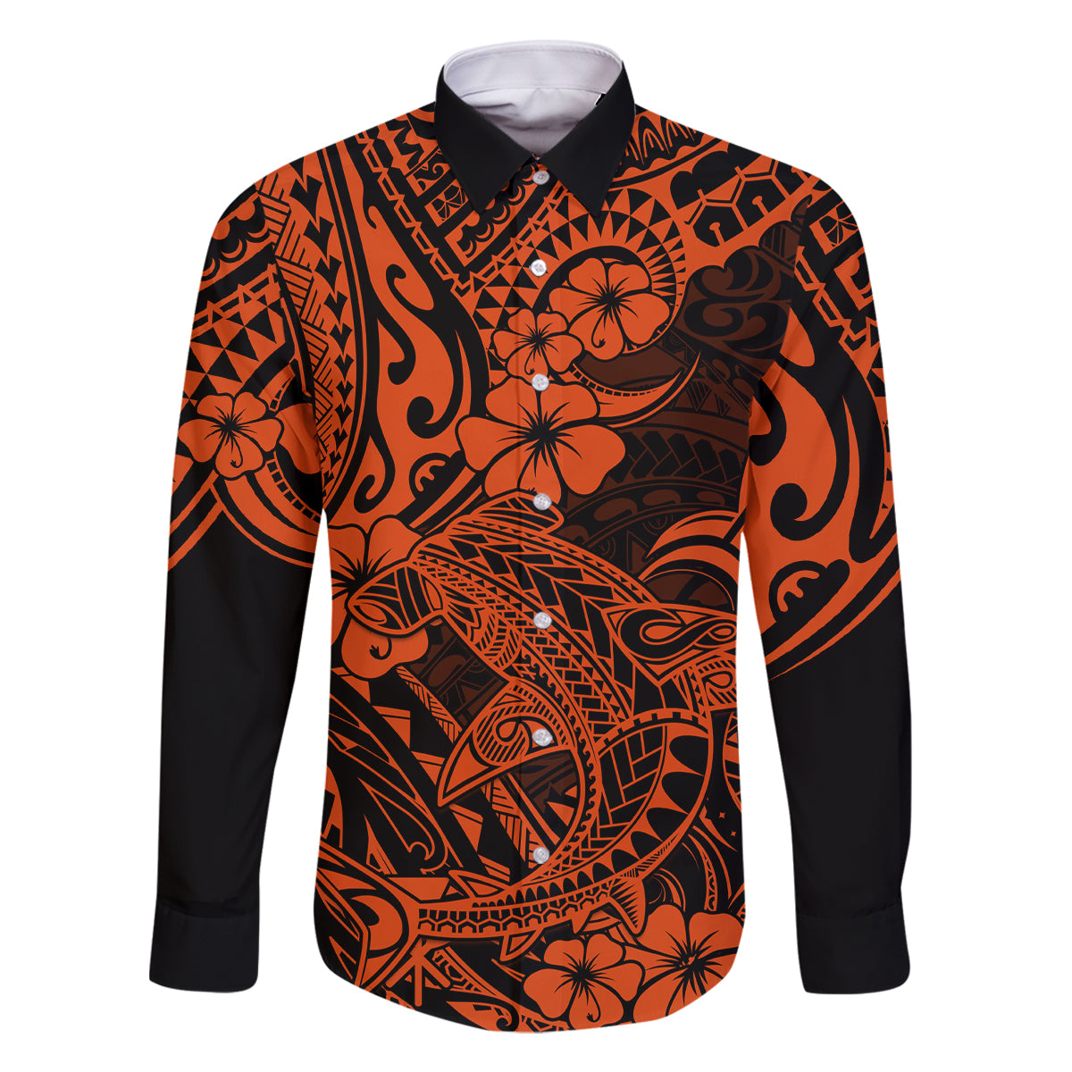 Hawaii Shark Family Matching Off Shoulder Maxi Dress and Hawaiian Shirt Polynesian Pattern Orange Version LT01 Dad's Shirt - Long Sleeve Orange - Polynesian Pride