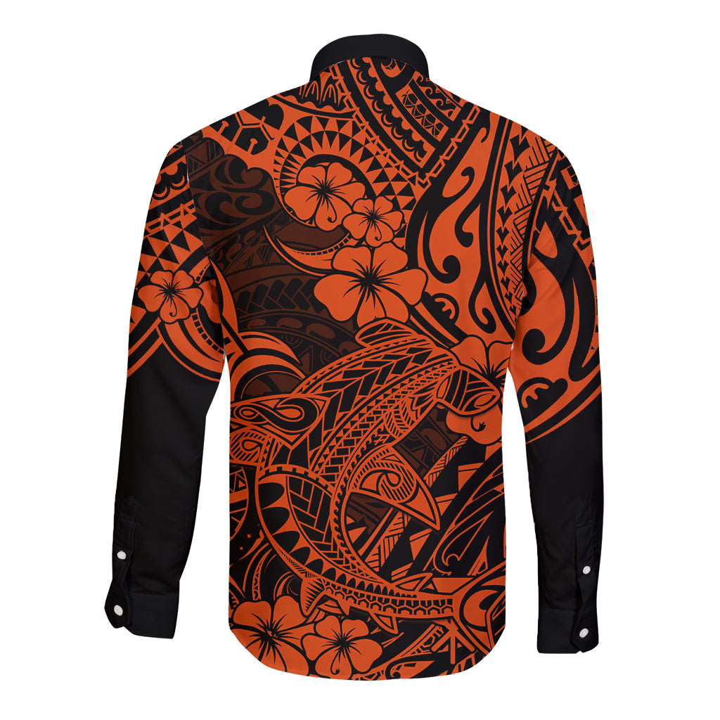 Hawaii Shark Long Sleeve Button Shirt Polynesian Pattern Orange Version LT01 - Polynesian Pride